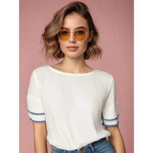 Polagram Women's‎ White Bell Sleeve Blouse Blue Stripe Trim Size Small